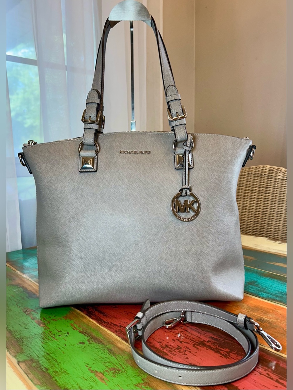 Michael Kors Karla Large Multi-Function Tote Pearl Grey Saffiano Leather